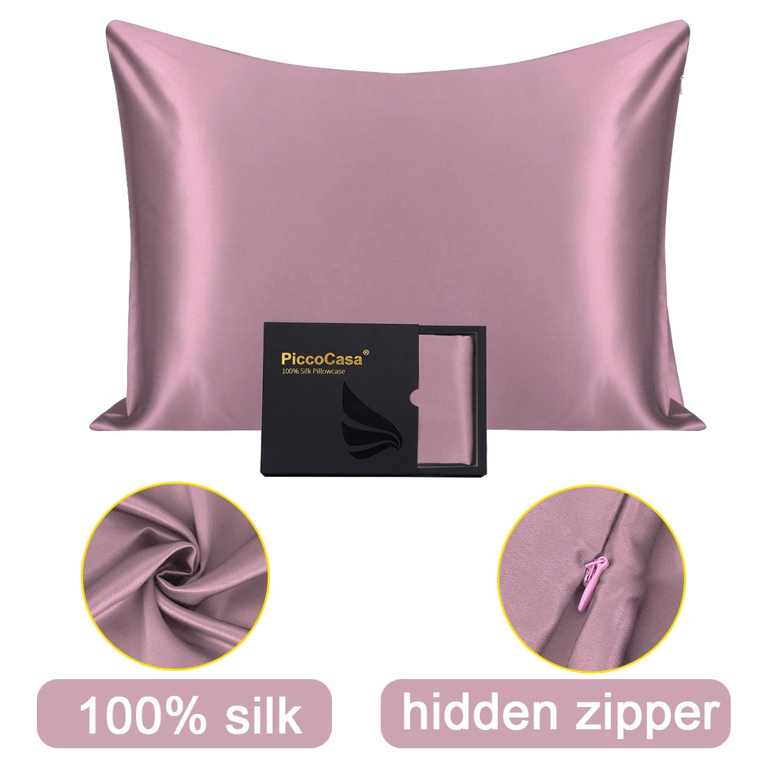 PiccoCasa Silk Pillowcases for Hair and Skin with Zipper Closure Queen Mauve