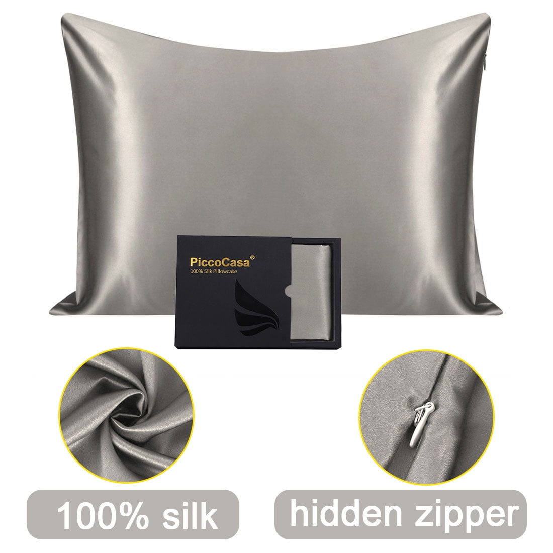 PiccoCasa Silk Pillowcases for Hair and Skin with Zipper Closure Standard Grey