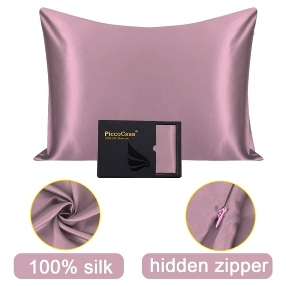 PiccoCasa Silk Pillowcases for Hair and Skin with Zipper Closure Standard Mauve