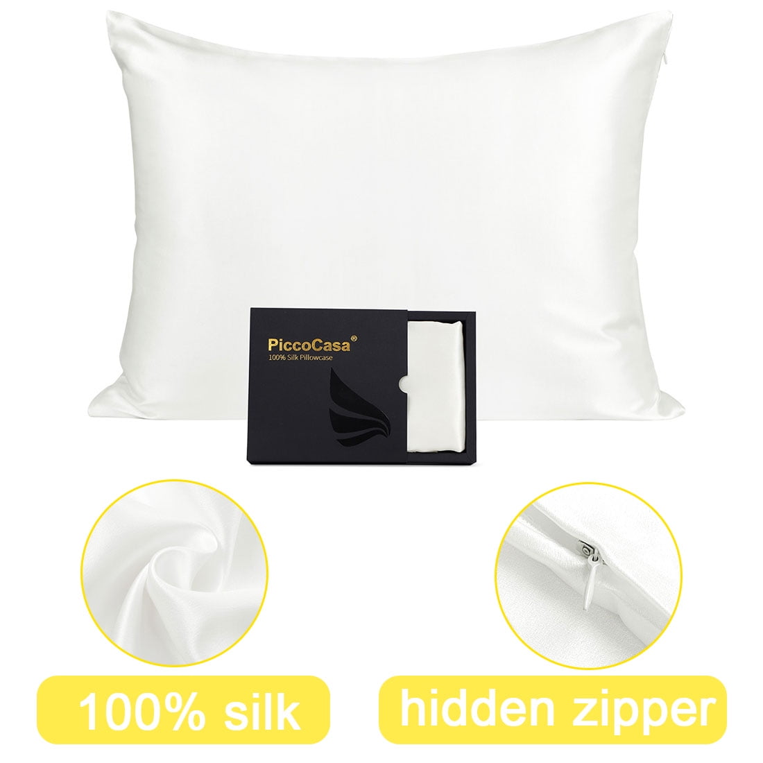 PiccoCasa Silk Pillowcases for Hair and Skin with Zipper Closure Standard Undyed White
