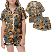 GUITIANNN Silk Pjs Kids Halloween Pajamas Pumpkin Ghost Print Short Sleeve Button Down Shirt Comfy Teen Boys Pajama Set 12-13 Years