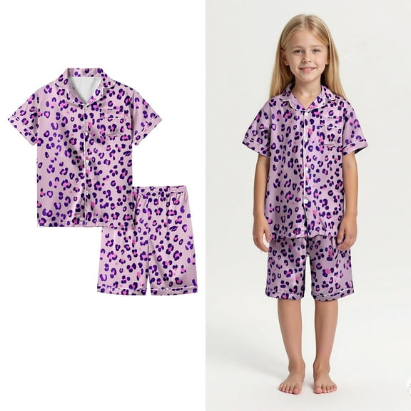 Silk Pjs Kids Kids Leopard Pajamas Short Sleeve Button Down Sleepwear Comfy Toddler Little Girl Pajamas 2-3 Years