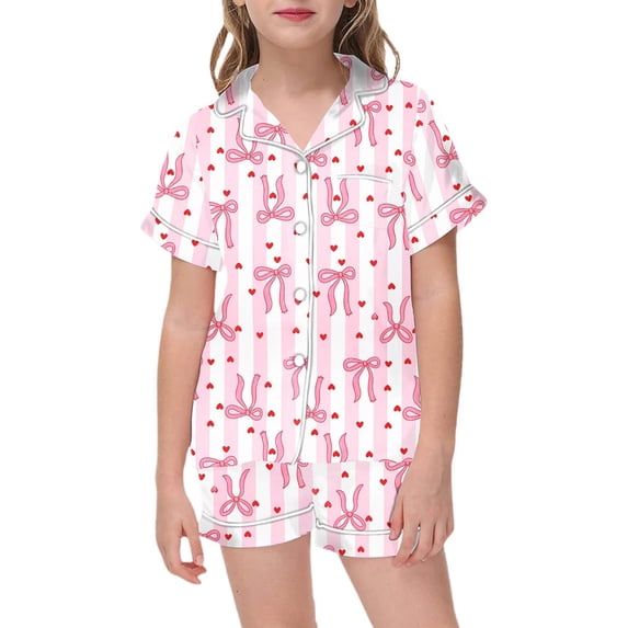 Silk Pjs Kids Valentines Pajamas Kids Short Sleeve Bow Print Button Down Sleepwear Boys Pajama Sets 8-9 Years