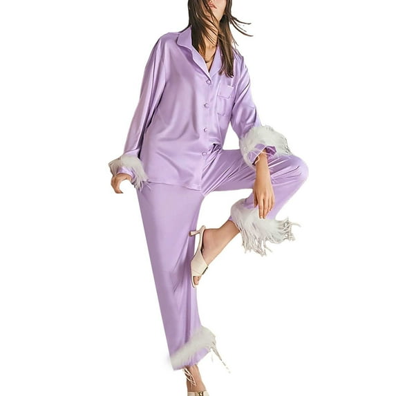 Silk Pjs for Women Set Feather Trim Long Sleeve Button-Down Tops Pants Womens 2 Piece Lounge Sets Cute Womens Fall Pajamas
