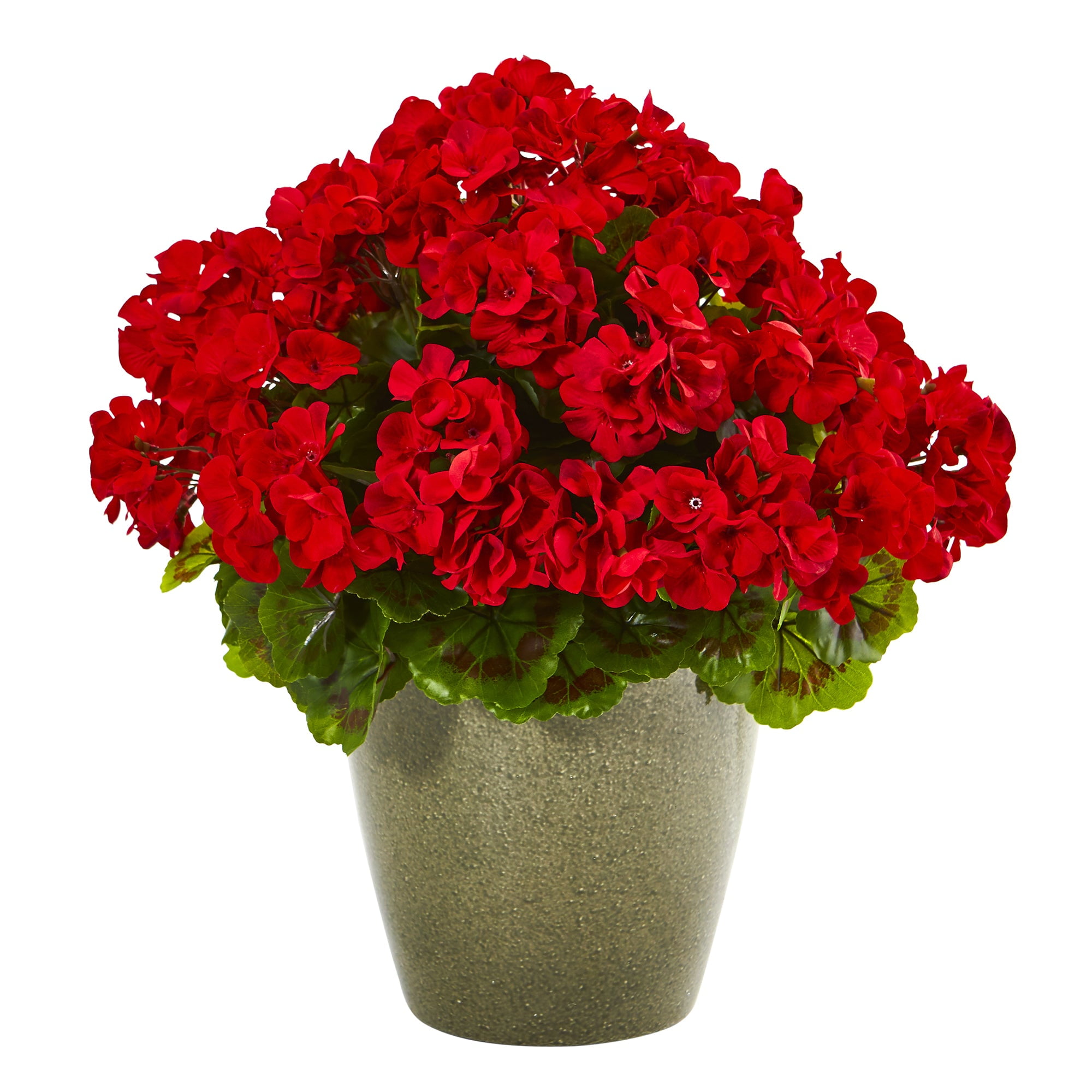 Red Silk Geranium Floral Arrangement in Bronze Glass Pot