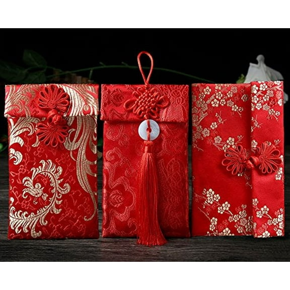 Silk Red Envelopes,3pcs Chinese Element HongBao Card Envelopes Gift Wrap Bags Red Lucky Money Pockets