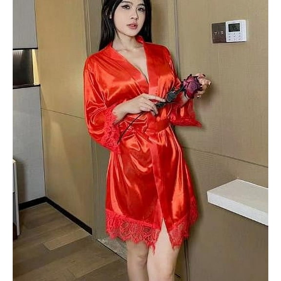 Silk Robes For Women Lace Kimonos Bridal Silky Robes For Brides Bridesmaids Wedding Nightgown Bathrobe Sleepwear Red S