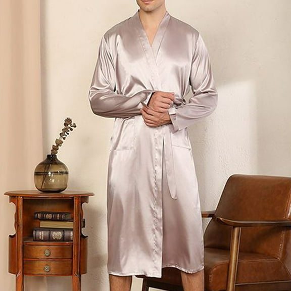 Silk Robes for Men with Pockets and Belt Lightweight Long Sleeve Bathrobes Mens Casual Solid Color Open Front Knee Length Loungewear Pajamas Bath Robe