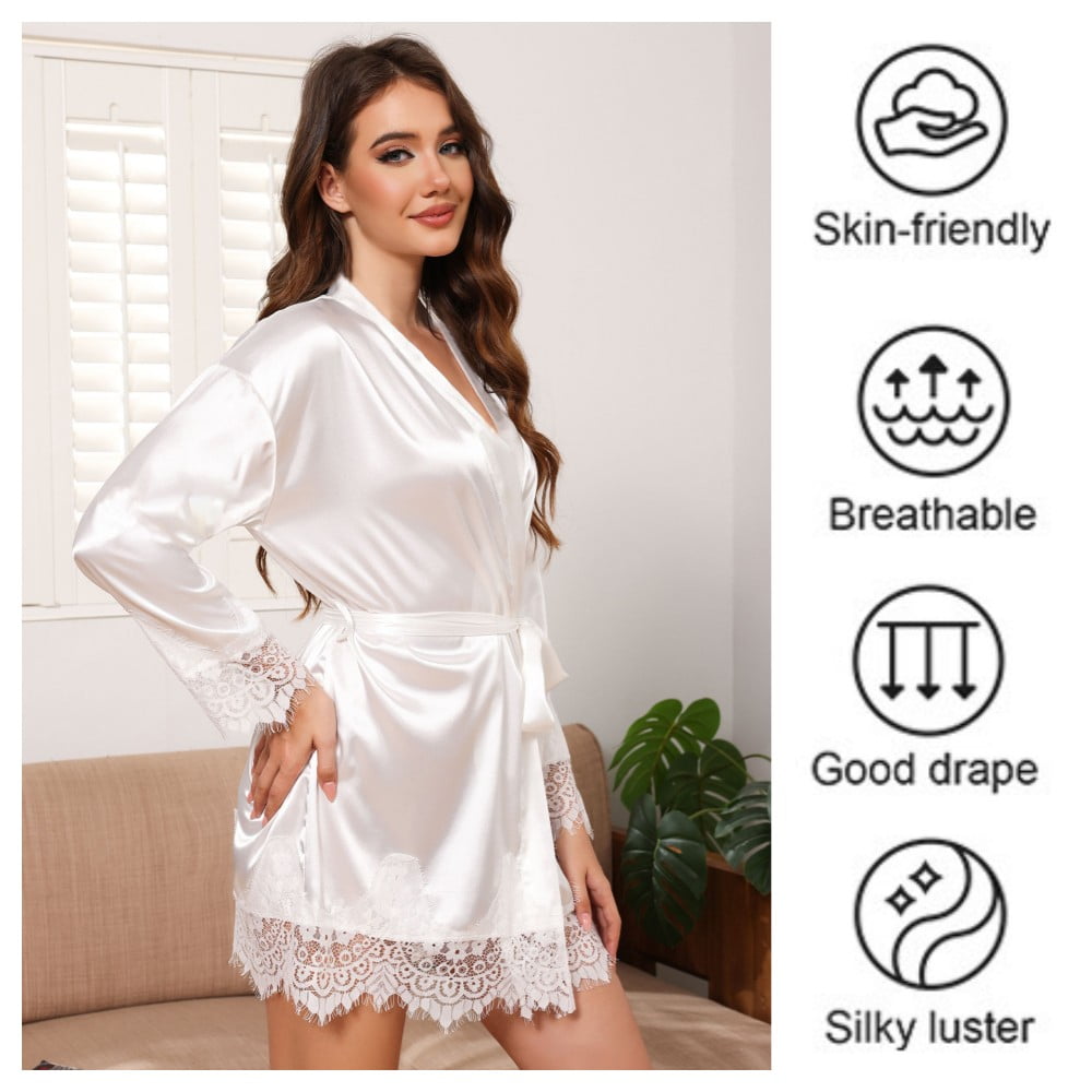 Silk Robes for Women Sexy Satin Robes Women's LaceTrim Silk Robes 3/4