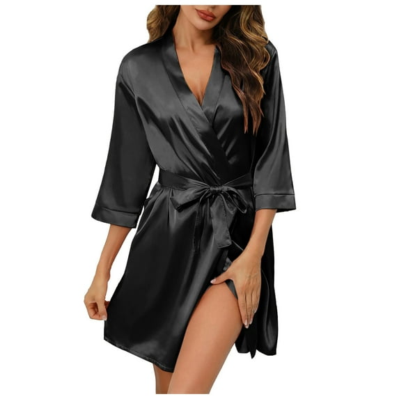 Silk Robes for Women Shawl Collar Bride Bridesmaids Robe Short Satin Kimono Robes For Wedding & Bridal Party Silk Bathrobes For Kimono Bathrobe with Belt Black L