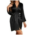 thumbnail image 1 of Silk Robes for Women Shawl Collar Long Sleeve French Elegant Sleepwear Silk Satin Thin Robe Loungewear Pajama Set Kimono Bathrobe with Belt Black XL, 1 of 5