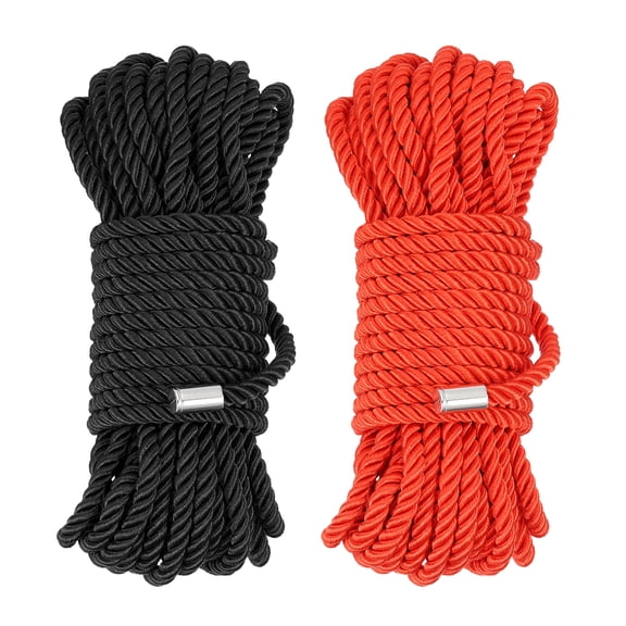 Silk Rope, Nylon Twisted Satin Cord Braided 32ft 8mm Black Red, 2 Pack