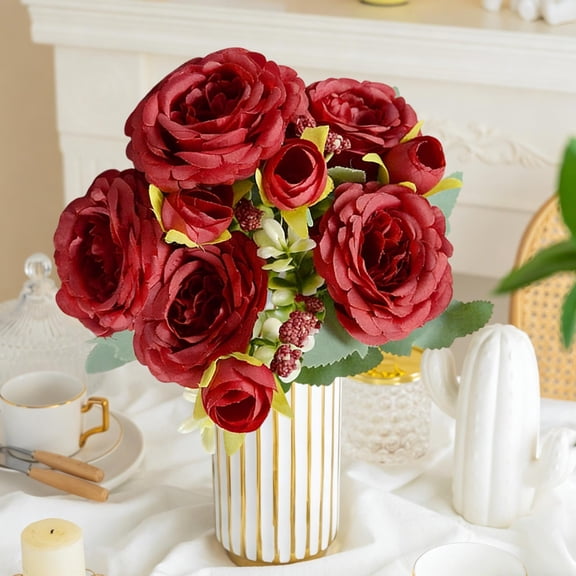 Silk Rose Bouquet Artificial Flowers, Staron Hyper-Realistic 5 Branches Silk Roses, Bendable Stems 11 Colors Wedding Bridal Table Home Decor