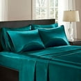 thumbnail image 1 of Silk Sateen Sheets 4 Piece 100 % Silk 1 Fitted Sheet, 1 Flat Sheet & 2 Pillowcase 15" Deep Pocket Soft Silk Bedding Set Wrinkle Free Fade Resistant California King Teal, 1 of 6