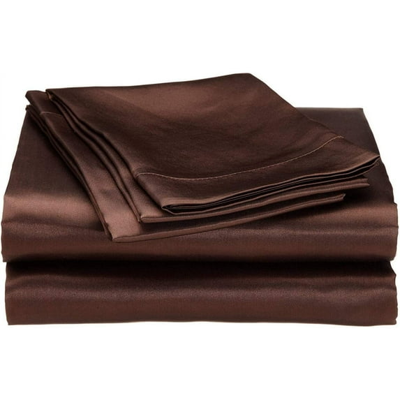 Silk Sateen Sheets 4 Piece 100 % Silk 1 Fitted Sheet, 1 Flat Sheet & 2 Pillowcase 15" Deep Pocket Soft Silk Bedding Set Wrinkle Free Fade Resistant California Queen Chocolate