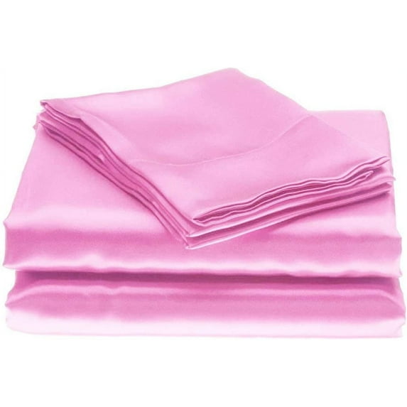 Silk Sateen Sheets 4 Piece 100 % Silk 1 Fitted Sheet, 1 Flat Sheet & 2 Pillowcase 15" Deep Pocket Soft Silk Bedding Set Wrinkle Free Fade Resistant Full Pink
