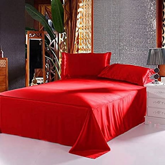 Silk Sateen Sheets 4 Piece 100 % Silk 1 Fitted Sheet, 1 Flat Sheet & 2 Pillowcase 15" Deep Pocket Soft Silk Bedding Set Wrinkle Free Fade Resistant King Blood Red