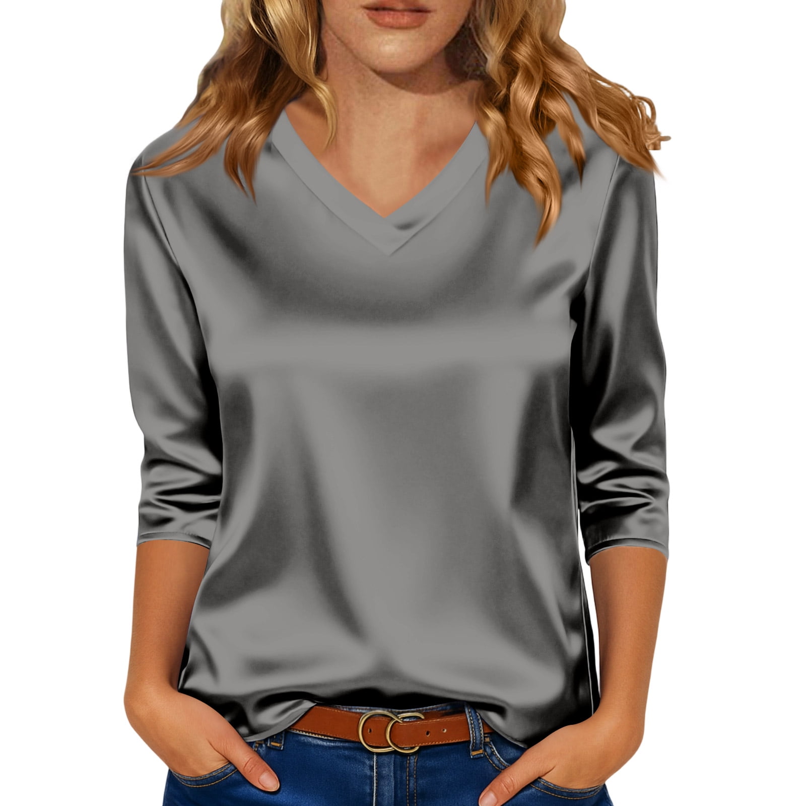 Silk Satin Blouse for Women Casual 3/4 Sleeve V Neck Shirts Business ...