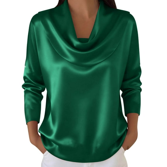 Silk Satin Blouses for Women Dressy Cowl Neck Long Sleeve Casual Tops Solid Color Work Shirts Holiday Party Tops Camisa Elegante Para Mujer