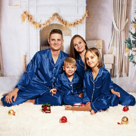 Silk Satin Family Christmas Pajamas Matching Sets Solid Long Sleeve Button down Shirt and Pants Xmas Pjs Jammies 2 Piece Soft Lightweight Holiday Sleepwear with Pocket