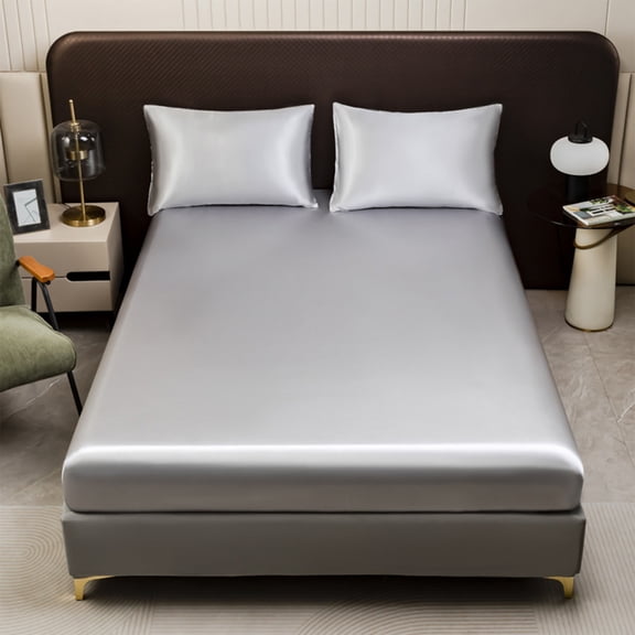 Silk Satin Fitted Sheet, Soft Deep Pocket Single Bottom Bed Sheets, Wrinkle Free, Non- Fading, Breathable, Fully Elasticized,Non Slip Fixed Bed Cover Full Cover Mattress Protector Bed Cover -Gray