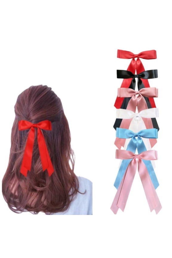 Silk Satin Hair Clip Double Layer Bow | Large Long Tail Ribbon Metal Grip | Thick Non-Slip Fashion Hair Accessory for Women | Bright Colors, Lightweight, Comfortable, All Hair Types