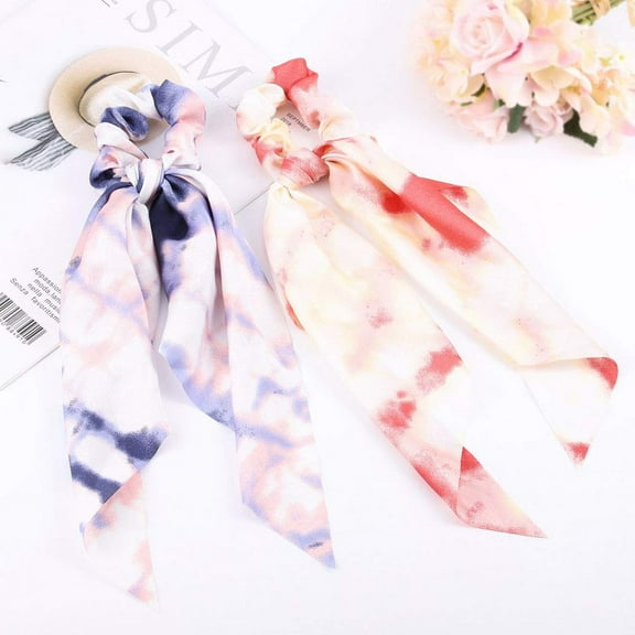 Silk Satin Hair Scarf Scrunchie Ribbon Bowknot Chiffon Hair Ties Elastic Hair Bands Ponytail Holders Tie Dye Hair Scrunchie Scarf Hair Accessories for Women and Girls (Pack of 2)