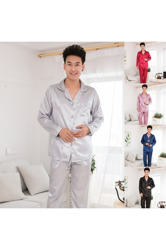 Silk Satin Men Pajamas Set Fashion Sleepwear Couple Solid Color Long Sleeve Suit