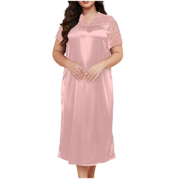 Silk Satin Nightgown for Women V-Neck Lace Loungewear Short Sleeve Sleepwear Full Length Nightgown Long Pajamas Dress
