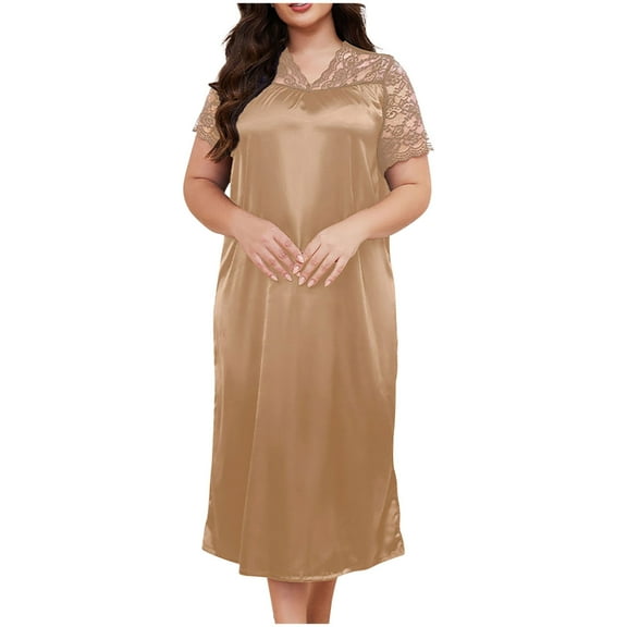 Silk Satin Nightgown for Women V-Neck Lace Loungewear Short Sleeve Sleepwear Full Length Nightgown Long Pajamas Dress
