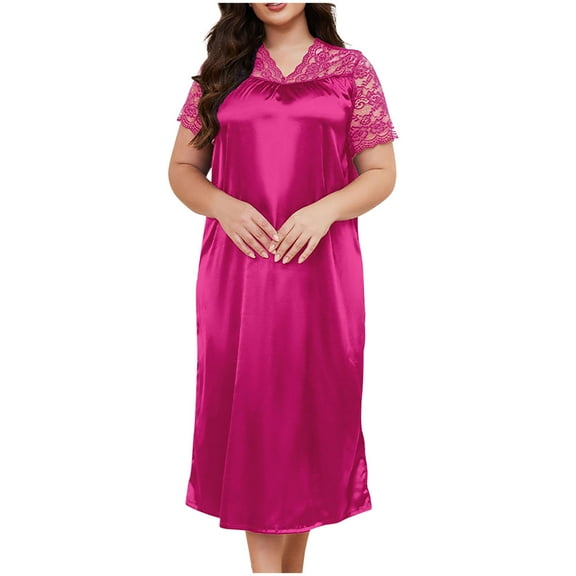 Silk Satin Nightgown for Women V-Neck Lace Loungewear Short Sleeve Sleepwear Full Length Nightgown Long Pajamas Dress