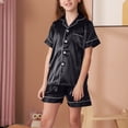 thumbnail image 1 of Silk Satin Pajama Set for Grils 2 Piece Lounge Pjs Matching Summer Sleepwear Button Down Lapel Shirt Shorts Black 8-9 Years, 1 of 7