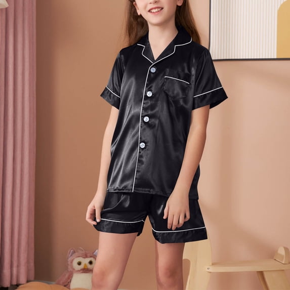 Silk Satin Pajama Set for Grils 2 Piece Lounge Pjs Matching Summer Sleepwear Button Down Lapel Shirt Shorts Black 8-9 Years