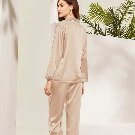 Silk Satin Pajama Set for Women 2 Pcs Long Sleeve Button Down Top and Pants Set Loungewear Sets Woman Cute Nightgowns for Women
