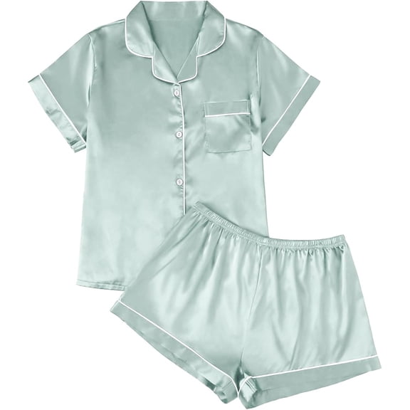 Silk Satin Pajama Set for Women 2 Piece Lounge Pjs Shorts Matching Summer Sleepwear Button Down Shirt Shorts