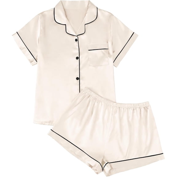 Silk Satin Pajama Set for Women 2 Piece Lounge Pjs Shorts Matching Summer Sleepwear Button Down Shirt Shorts