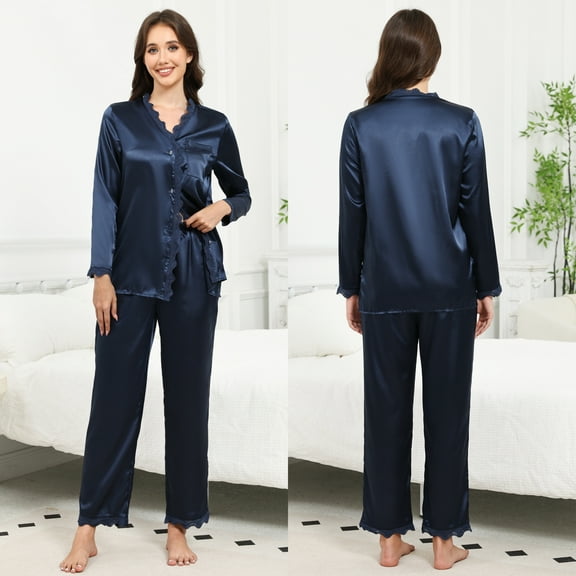 Silk Satin Pajama Set for Women-Long Sleeve Thermal Nightwear Set with Lace Trim,V-Neck Button Front Loungewear(2-Piece Sleepwear Set,S-XXL)