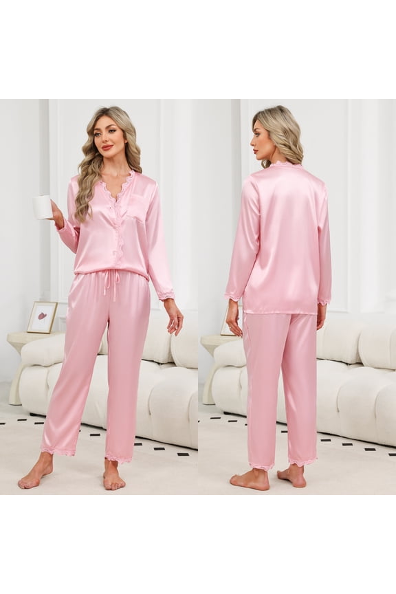 Silk Satin Pajama Set for Women-Long Sleeve Thermal Nightwear Set with Lace Trim,V-Neck Button Front Loungewear(2-Piece Sleepwear Set,S-XXL)