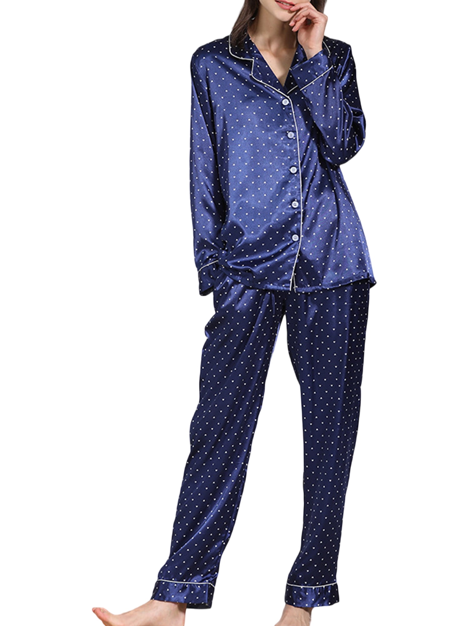 Silk Satin Pajama Set for Women Lounge Set Flower/Heart/Dot Print Long  Sleeve Shirts Tops and Pants 2 Piece Loungewear Outfits 
