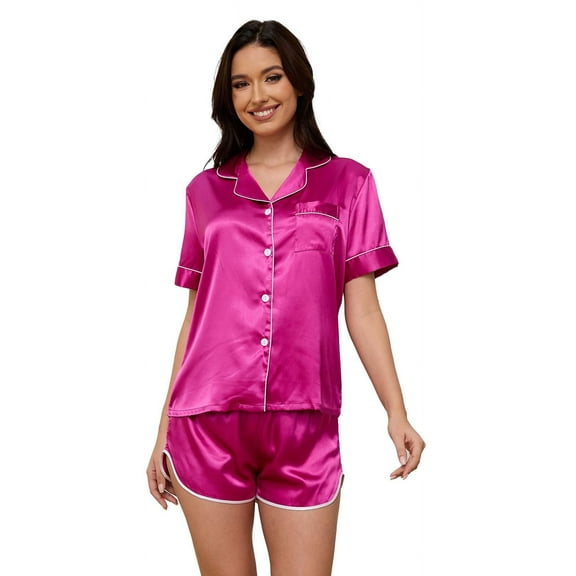 Silk Satin Pajama Set for Women, PUTUO 2 Piece Womens Pajama sets, Summer Soft Button Down Loungewear Pajama Shorts Set