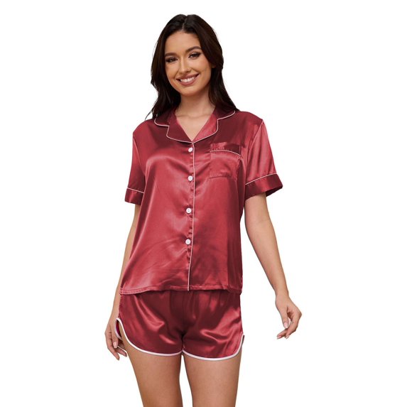 Silk Satin Pajama Set for Women, PUTUO 2 Piece Womens Pajama sets, Summer Soft Button Down Loungewear Pajama Shorts Set