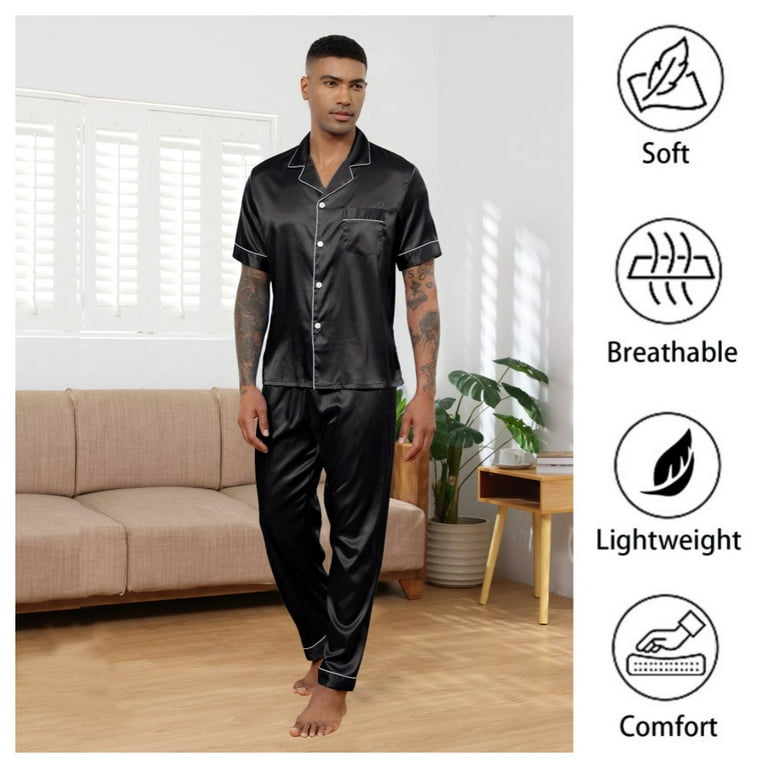 Silk Satin Pajama Sets for Men Short Sleeve Button Down Pajamas for Men 2 Piece Men Silk Sleepwear Set Mens Satin Loungewear Sets with Long Pants