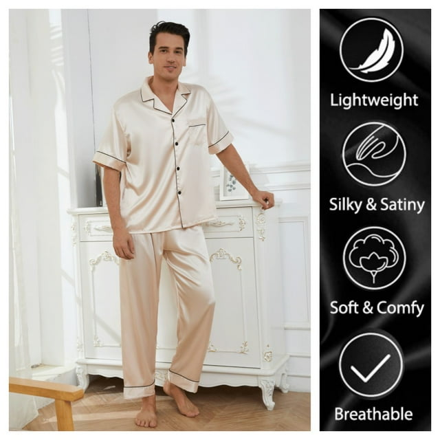 Silk Satin Pajama Sets for Men Short Sleeve Button-Down Pajamas for Men ...