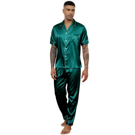 Silk Satin Pajama Sets for Men Short Sleeve Button-Down Pajamas for Men 2 Piece Men Silk Sleepwear Set Mens Satin Loungewear Sets with Long Pants, S-XXL