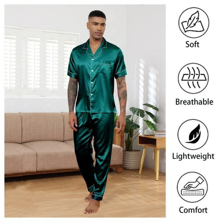Silk Satin Pajama Sets for Men Short Sleeve Button-Down Pajamas