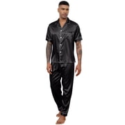 Silk Satin Pajama Sets for Men Short Sleeve Button-Down Pajamas for Men 2 Piece Men Silk Sleepwear Set Mens Satin Loungewear Sets with Long Pants, S-XXL