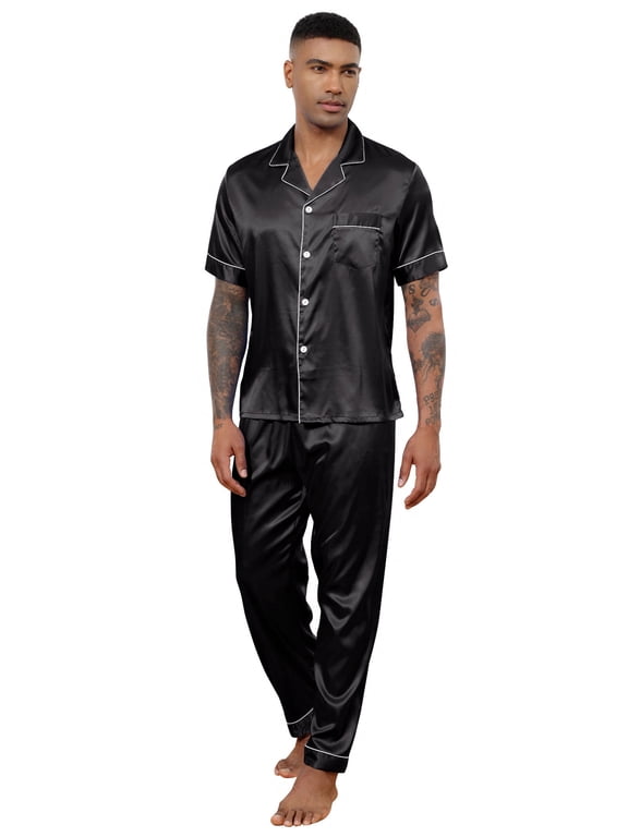 Silk Satin Pajama Sets for Men Short Sleeve Button-Down Pajamas for Men 2 Piece Men Silk Sleepwear Set Mens Satin Loungewear Sets with Long Pants, S-XXL