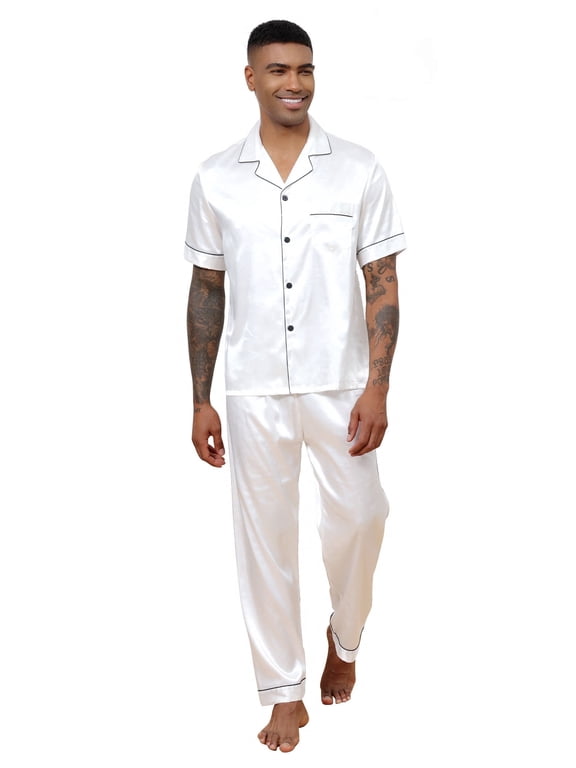 Silk Satin Pajama Sets for Men Short Sleeve Button-Down Pajamas for Men 2 Piece Men Silk Sleepwear Set Mens Satin Loungewear Sets with Long Pants, S-XXL