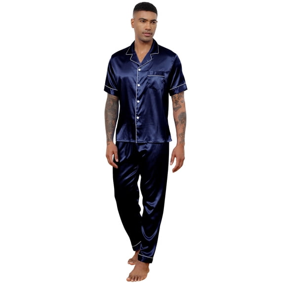 Silk Satin Pajama Sets for Men Short Sleeve Button-Down Pajamas for Men 2 Piece Men Silk Sleepwear Set Mens Satin Loungewear Sets with Long Pants, S-XXL