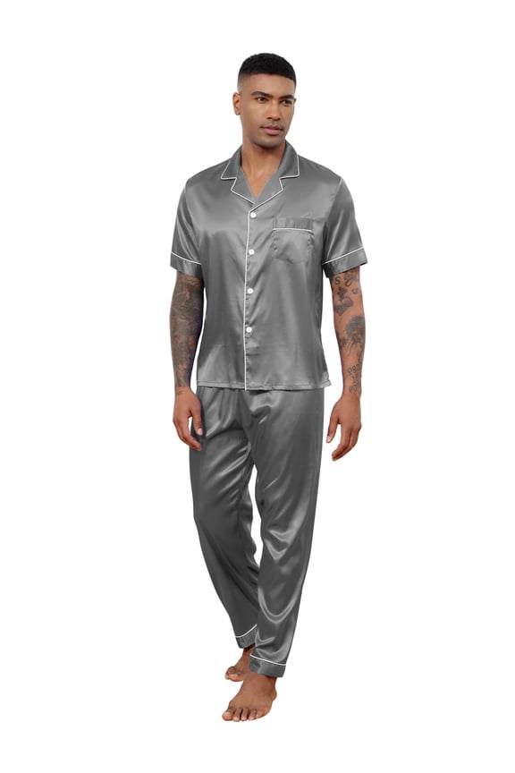 Silk Satin Pajama Sets for Men Short Sleeve Button-Down Pajamas for Men 2 Piece Men Silk Sleepwear Set Mens Satin Loungewear Sets with Long Pants, S-XXL